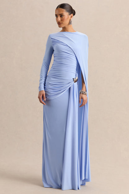 Orintha | Vestido Largo Azul Celeste Cuello Alto con Capa y Detalle Dorado