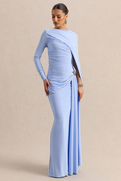 Orintha | Vestido Largo Azul Celeste Cuello Alto con Capa y Detalle Dorado