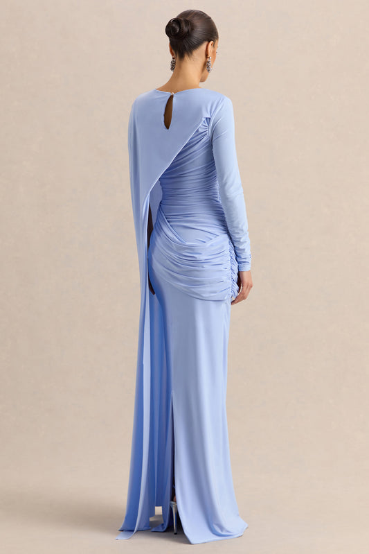 Orintha | Vestido Largo Azul Celeste Cuello Alto con Capa y Detalle Dorado