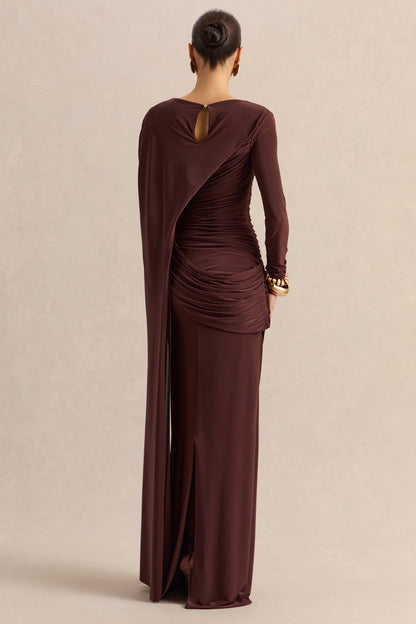 Orintha | Vestido Largo Marrón Cuello Alto con Capa y Detalle Dorado