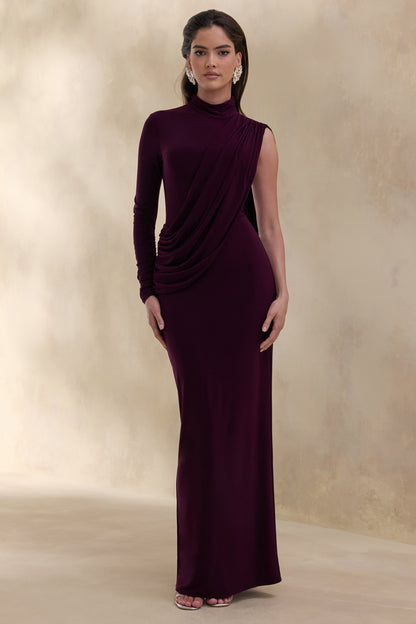 Oliria | Ciruela Oscuro Cuello Alto Vestido Largo con Una Manga Larga y Detalle de Fajín
