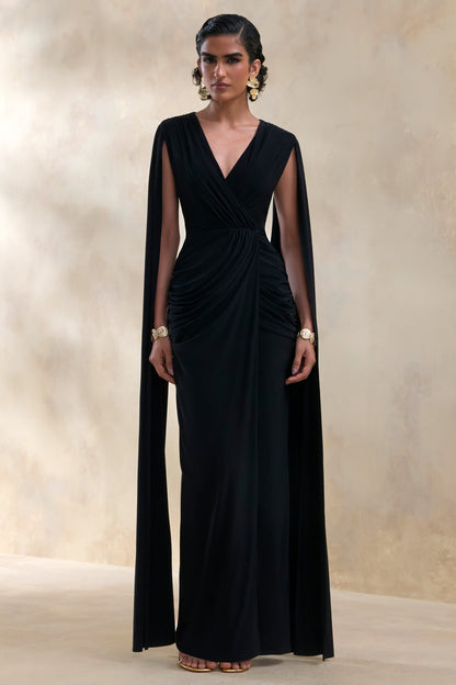 Ulissia | Negro Escote en V Vestido Largo con Mangas Capa