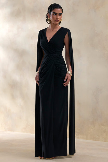 Ulissia | Negro Escote en V Vestido Largo con Mangas Capa