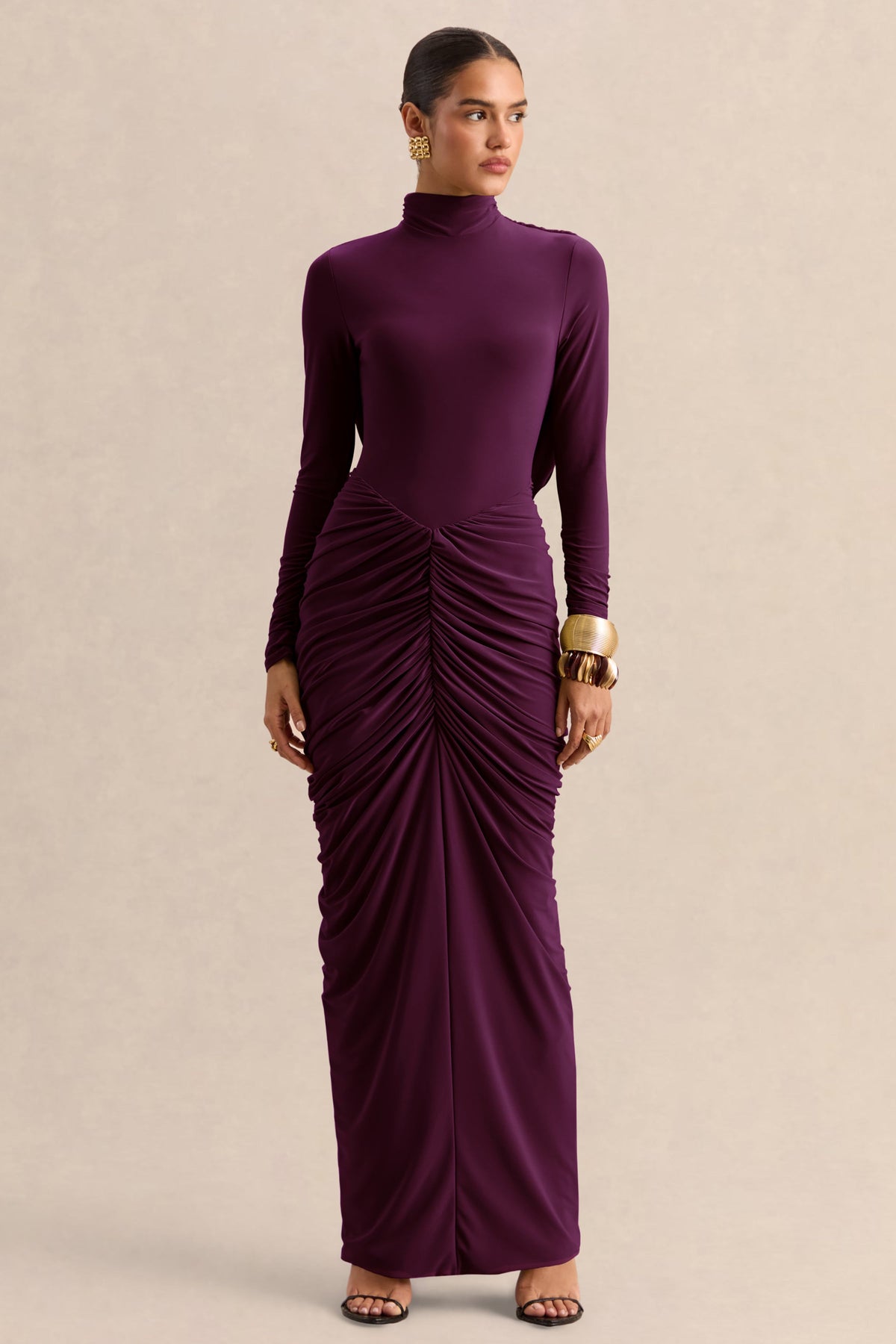 Harmona | Ciruela Oscuro Cuello Alto Vestido Largo con Fruncido y Detalle Drapeado