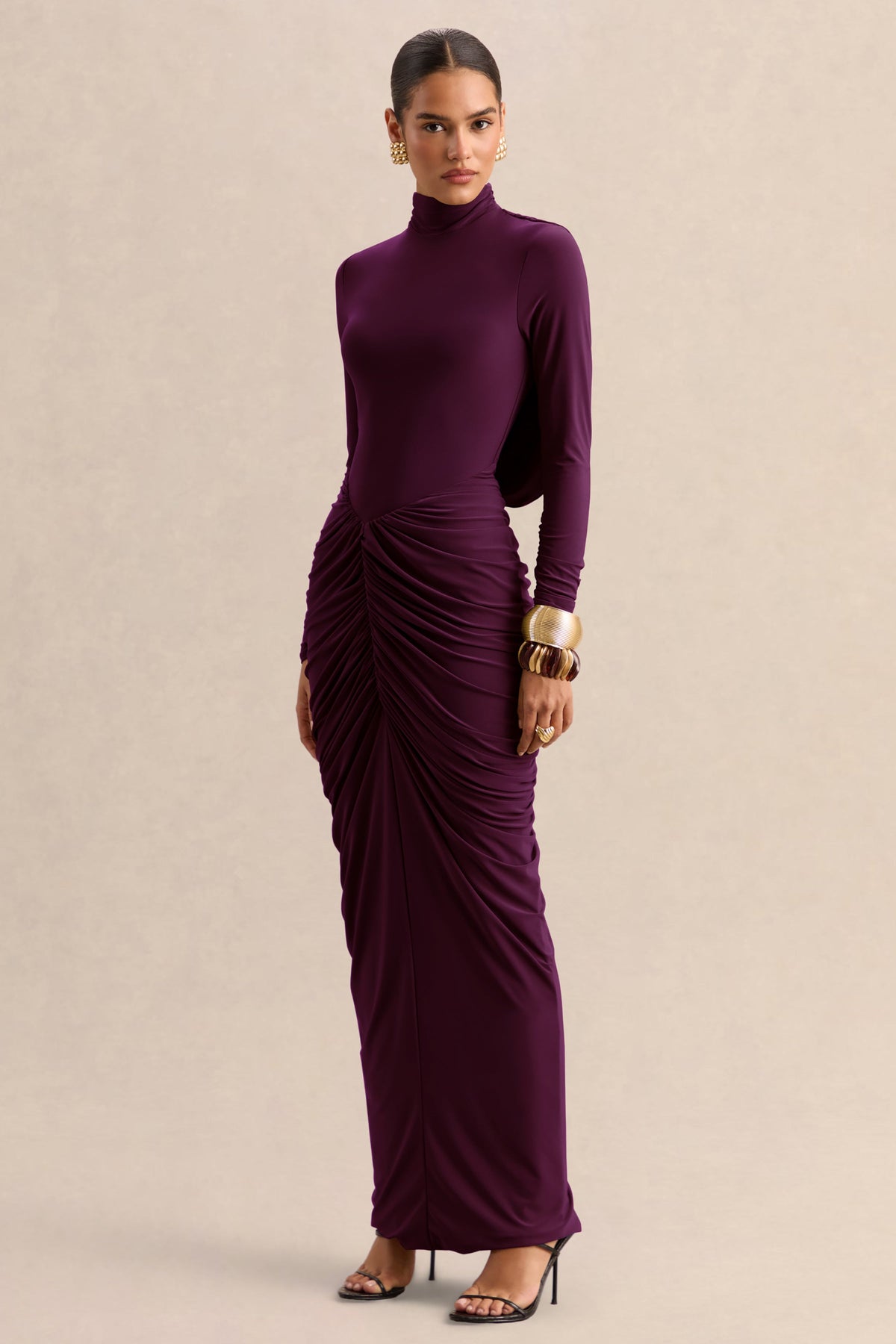 Harmona | Ciruela Oscuro Cuello Alto Vestido Largo con Fruncido y Detalle Drapeado