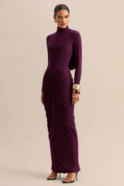 Harmona | Ciruela Oscuro Cuello Alto Vestido Largo con Fruncido y Detalle Drapeado