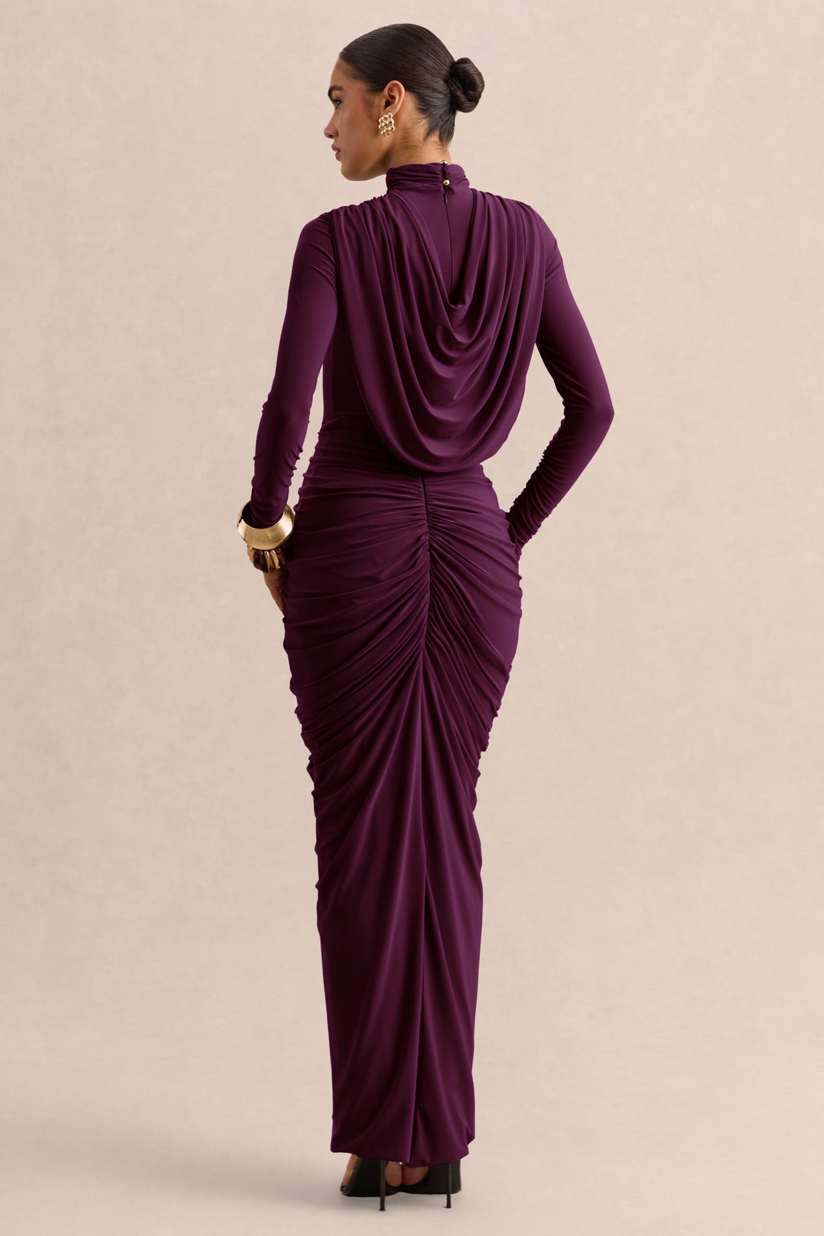 Harmona | Ciruela Oscuro Cuello Alto Vestido Largo con Fruncido y Detalle Drapeado