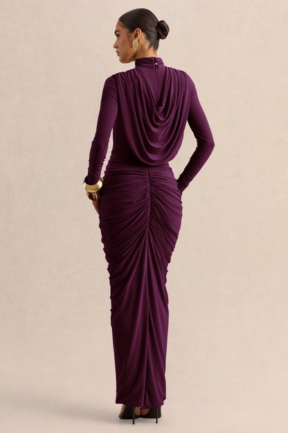 Harmona | Ciruela Oscuro Cuello Alto Vestido Largo con Fruncido y Detalle Drapeado