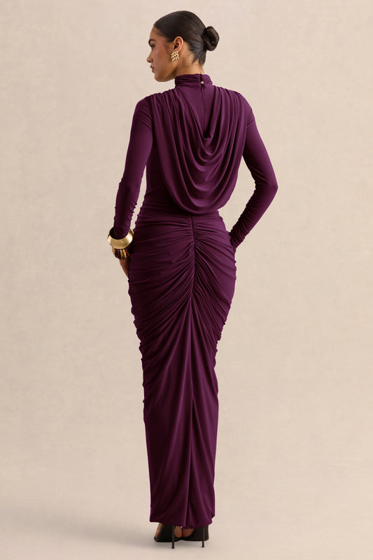 Harmona | Ciruela Oscuro Cuello Alto Vestido Largo con Fruncido y Detalle Drapeado