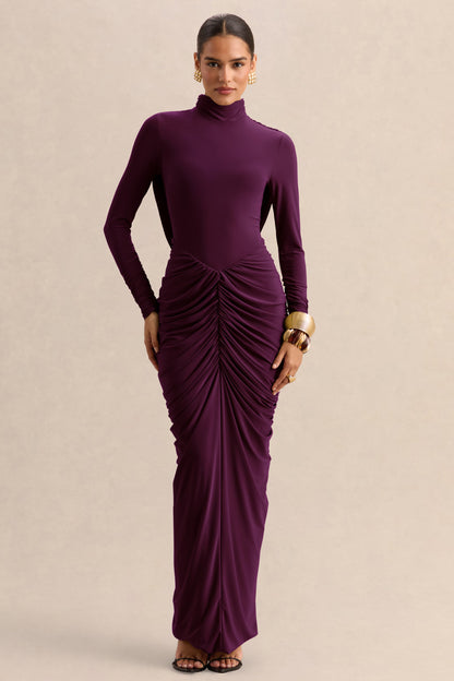 Harmona | Ciruela Oscuro Cuello Alto Vestido Largo con Fruncido y Detalle Drapeado