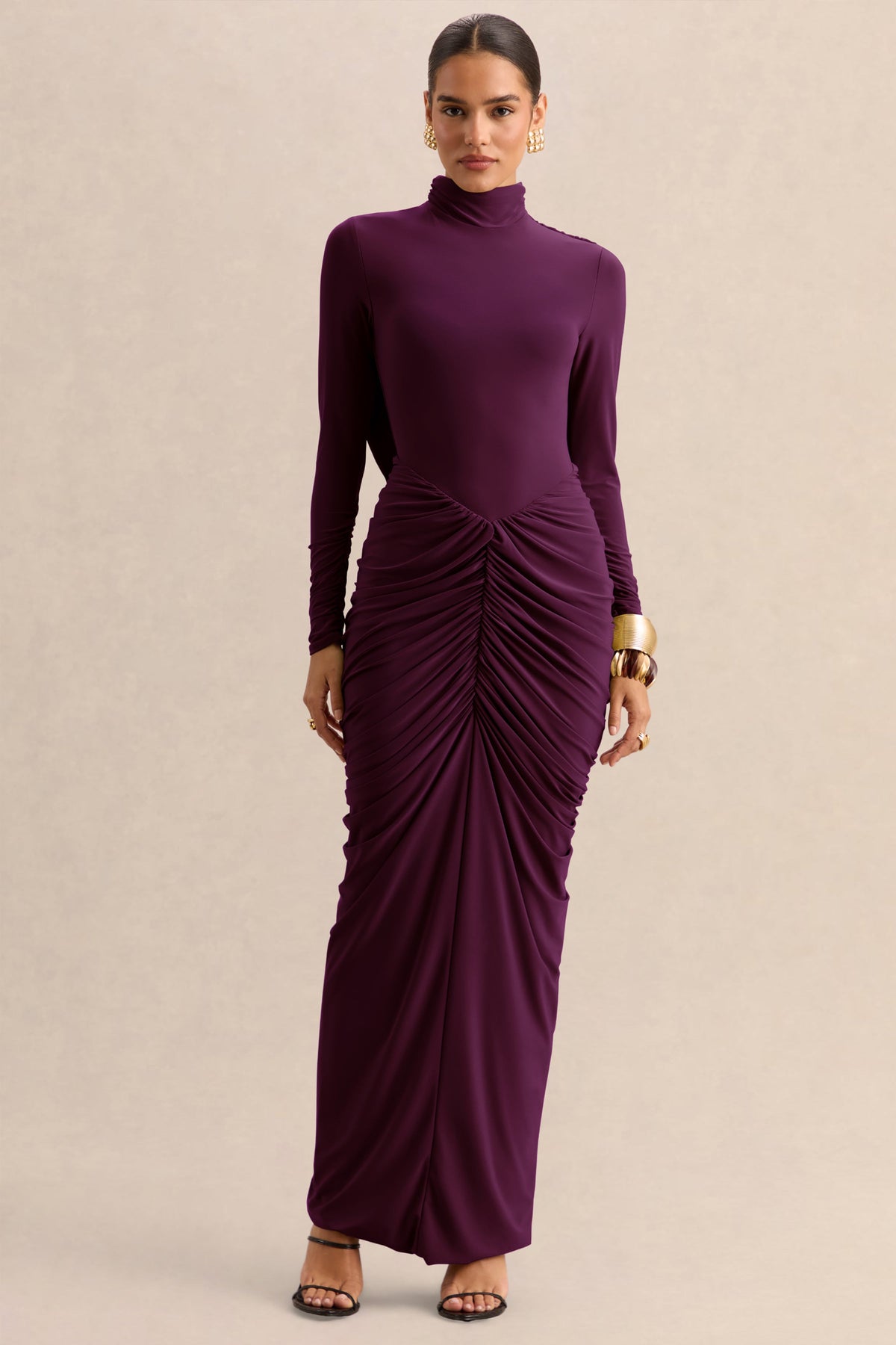 Harmona | Ciruela Oscuro Cuello Alto Vestido Largo con Fruncido y Detalle Drapeado