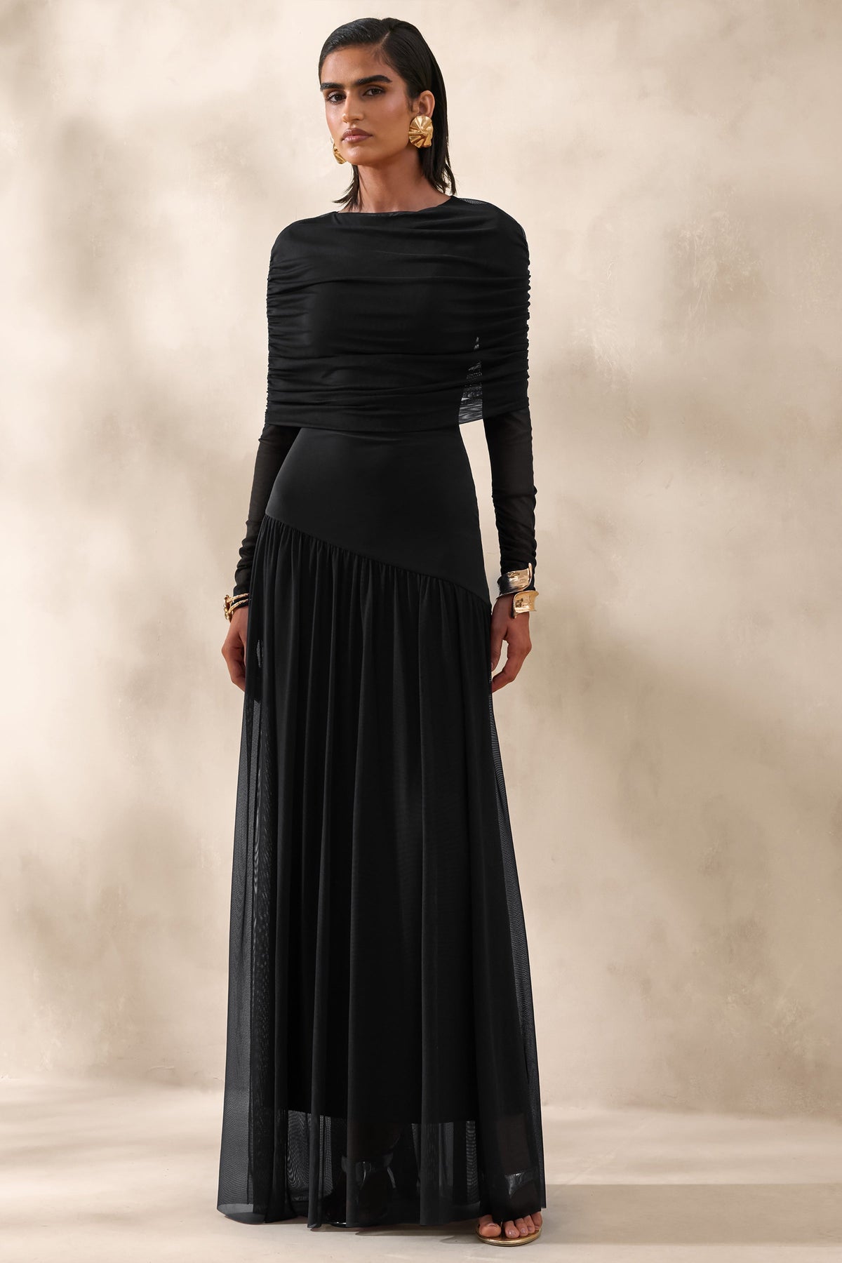 Enalia | Negro Malla Cuello Alto Vestido Largo con Capa Corta