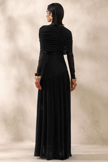 Enalia | Negro Malla Cuello Alto Vestido Largo con Capa Corta