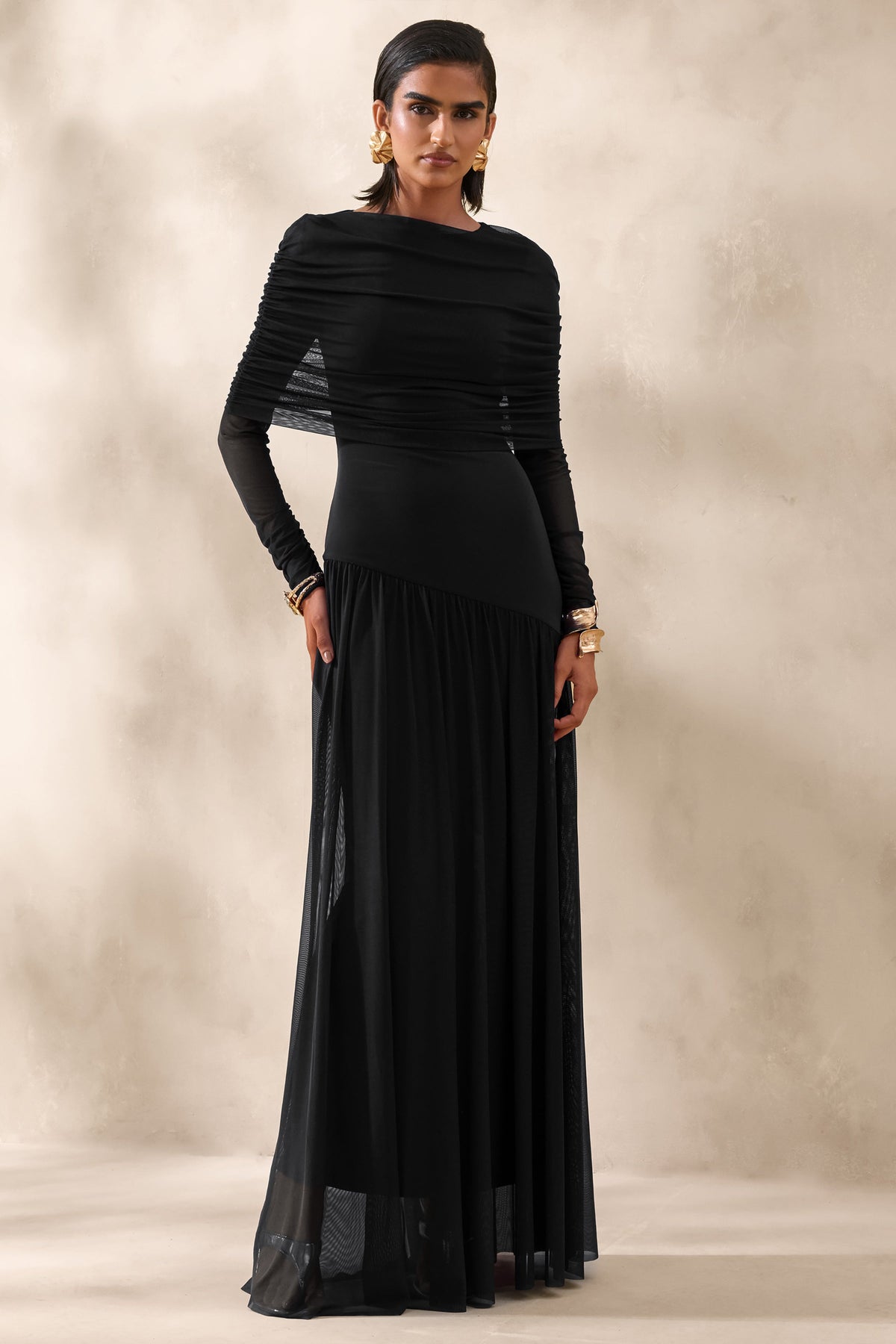 Enalia | Negro Malla Cuello Alto Vestido Largo con Capa Corta