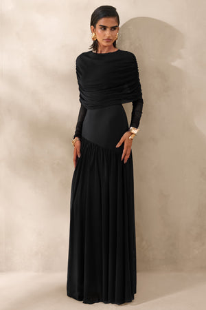 Enalia | Negro Malla Cuello Alto Vestido Largo con Capa Corta