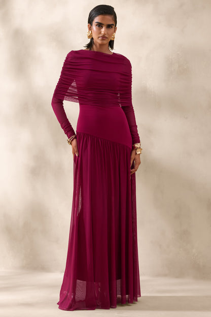 Enalia | Burdeos Malla Cuello Alto Vestido Largo con Capa Corta