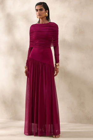 Enalia | Burdeos Malla Cuello Alto Vestido Largo con Capa Corta
