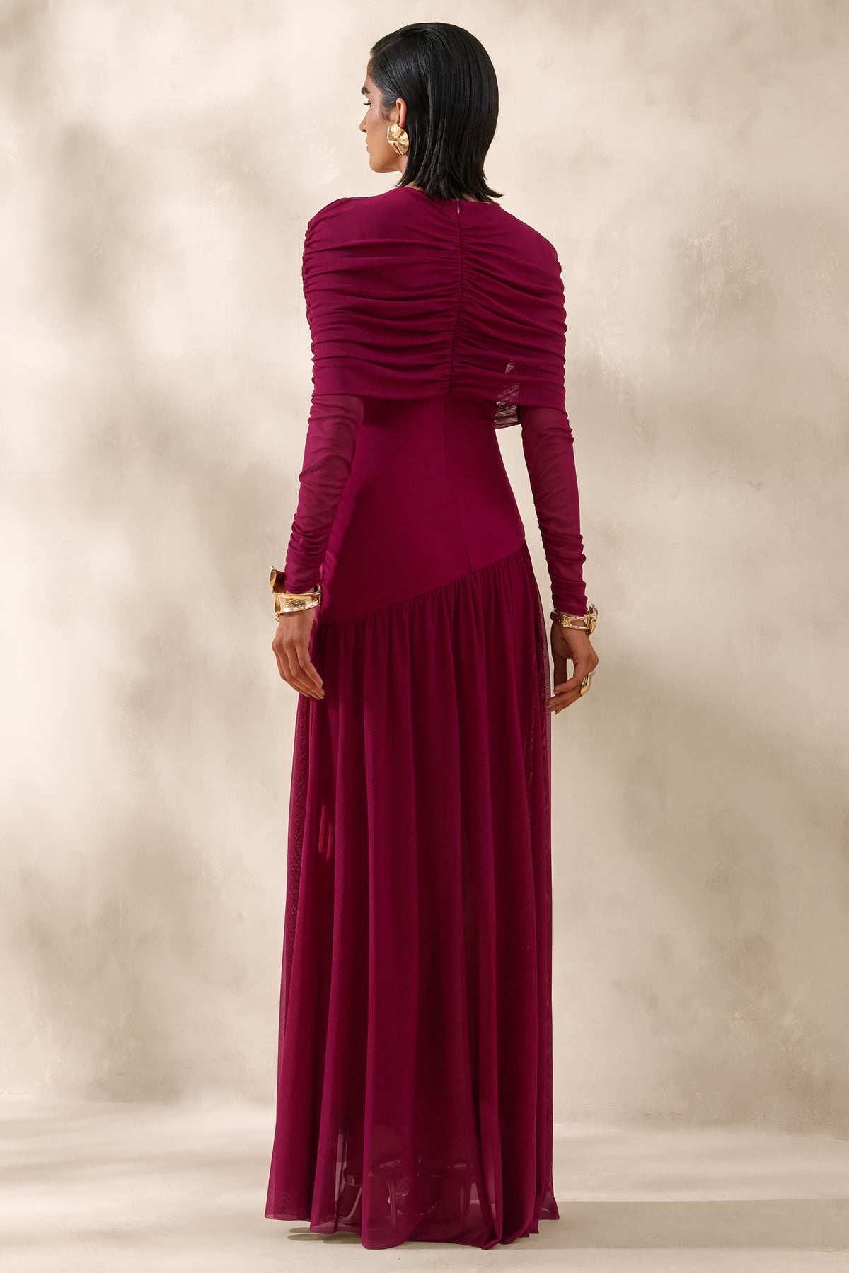Enalia | Burdeos Malla Cuello Alto Vestido Largo con Capa Corta