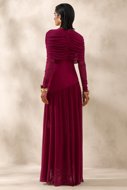 Enalia | Burdeos Malla Cuello Alto Vestido Largo con Capa Corta