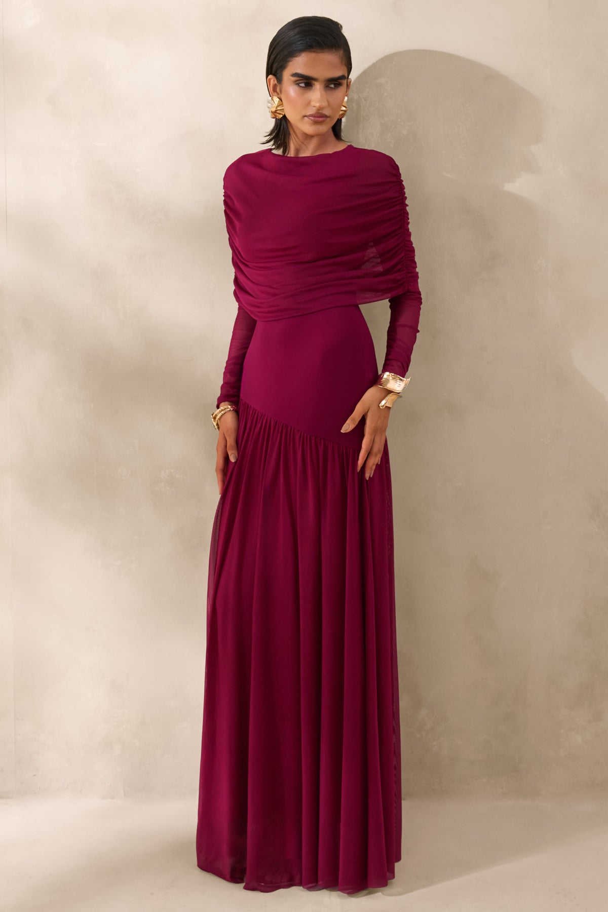 Enalia | Burdeos Malla Cuello Alto Vestido Largo con Capa Corta
