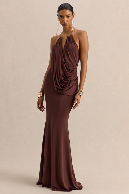 Chanterra | Vestido Largo Marrón de Escote Halter con Detalle Drapeadoing