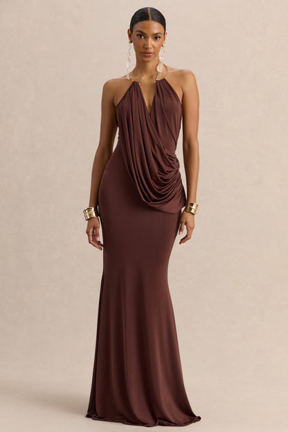Chanterra | Vestido Largo Marrón de Escote Halter con Detalle Drapeadoing