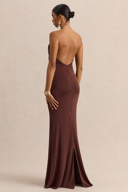 Chanterra | Vestido Largo Marrón de Escote Halter con Detalle Drapeadoing