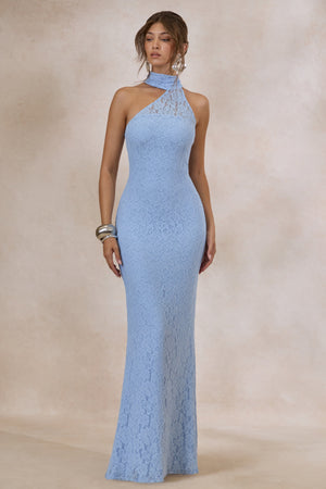Almaria | Vestido largo de encaje azul empolvado con escote asimétrico y detalle de pañuelo