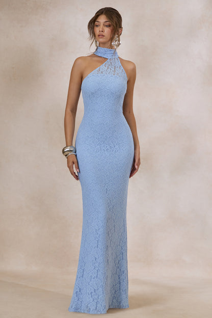 Almaria | Vestido largo de encaje azul empolvado con escote asimétrico y detalle de pañuelo