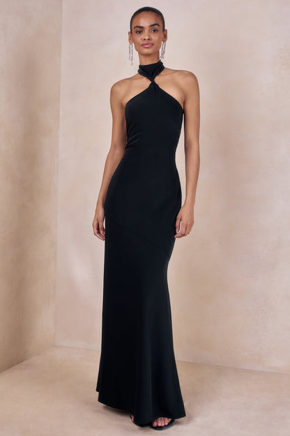 Bellora | Vestido Largo Negro De Satén Con Cuello Halter Y Detalle De Bufanda