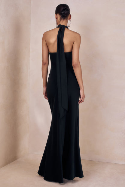 Bellora | Vestido Largo Negro De Satén Con Cuello Halter Y Detalle De Bufanda