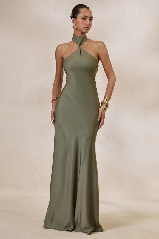 Bellora | Vestido Largo Caqui De Satén Con Escote Halter Y Detalle De Bufanda