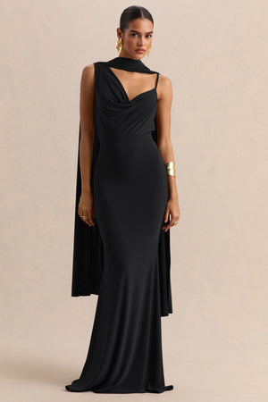 Armelia | Vestido Largo Negro Con Escote Drapeado Y Detalle De Pañuelo