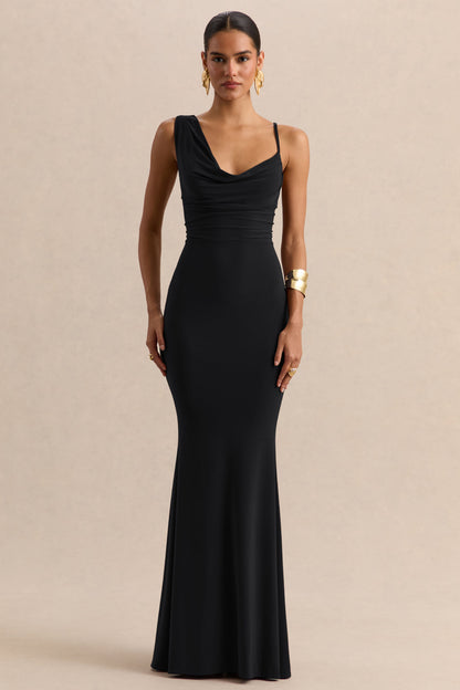 Armelia | Vestido Largo Negro Con Escote Drapeado Y Detalle De Pañuelo