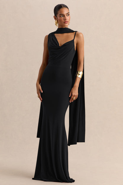 Armelia | Vestido Largo Negro Con Escote Drapeado Y Detalle De Pañuelo