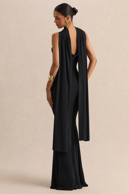 Armelia | Vestido Largo Negro Con Escote Drapeado Y Detalle De Pañuelo