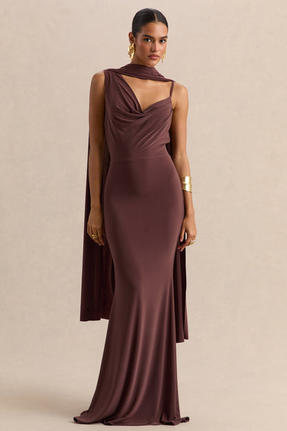 Armelia | Vestido Largo marrón con cuello drapeado y detalle de pañuelo