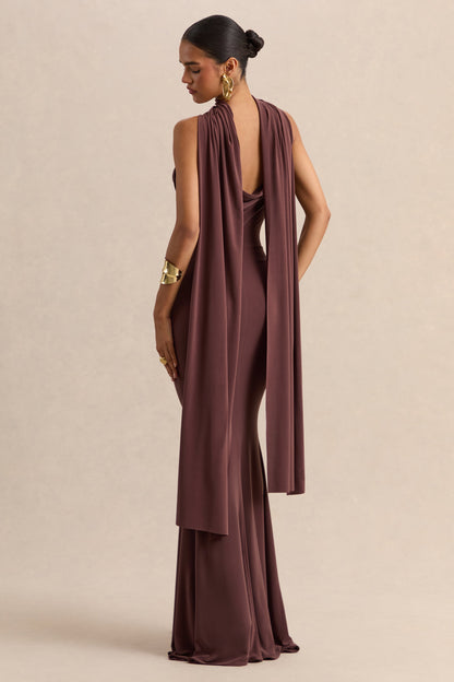 Armelia | Vestido Largo marrón con cuello drapeado y detalle de pañuelo