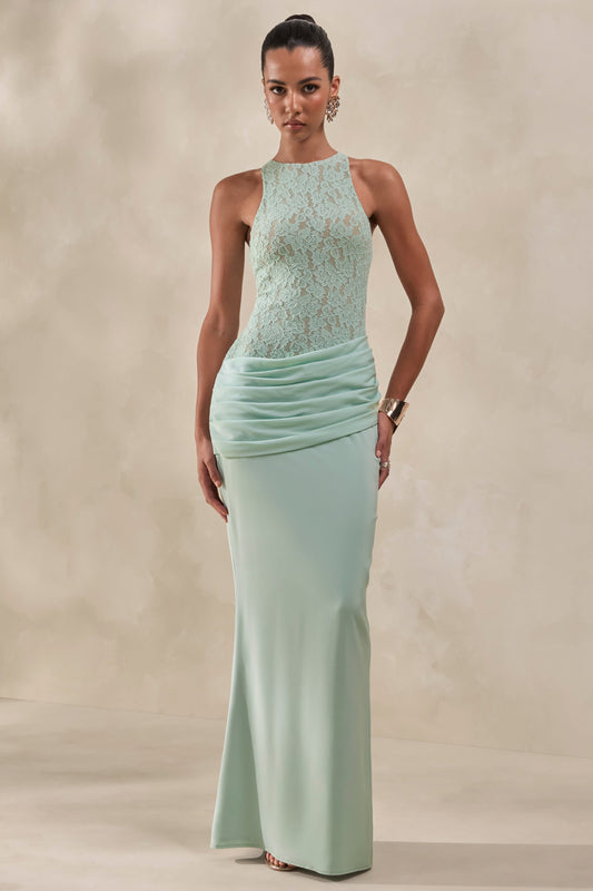 Anthelia | Vestido Largo Menta De Satén Y Encaje Con Cuello Nadador Y Detalle Drapeado