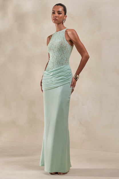 Anthelia | Vestido Largo Menta De Satén Y Encaje Con Cuello Nadador Y Detalle Drapeado