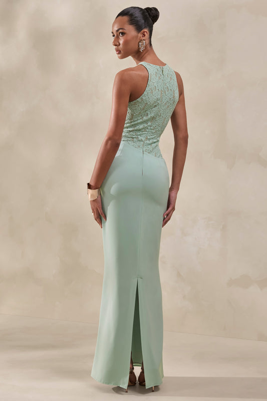 Anthelia | Vestido Largo Menta De Satén Y Encaje Con Cuello Nadador Y Detalle Drapeado