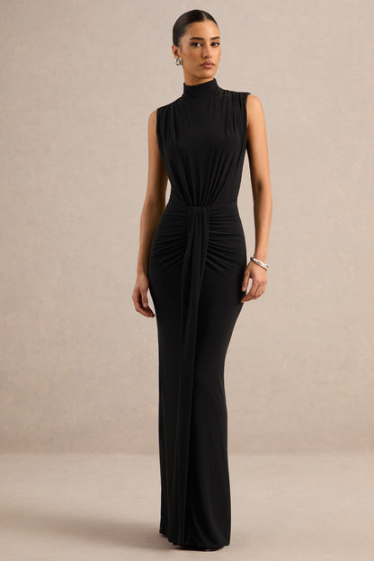 Isona | Vestido Largo Negro Con Cuello Alto, Detalle Fruncido Y Fajín