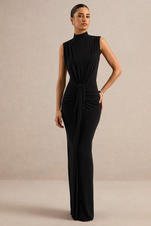 Isona | Vestido Largo Negro Con Cuello Alto, Detalle Fruncido Y Fajín