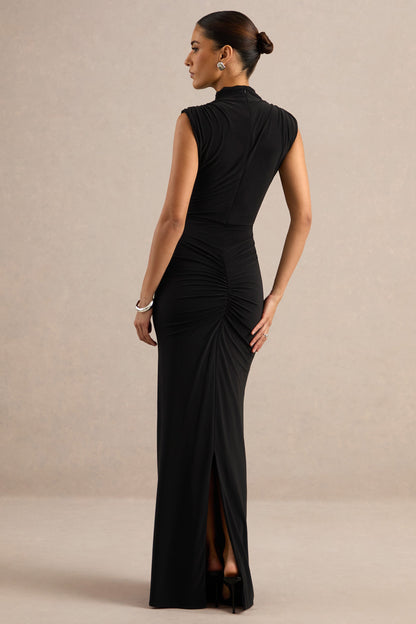Isona | Vestido Largo Negro Con Cuello Alto, Detalle Fruncido Y Fajín