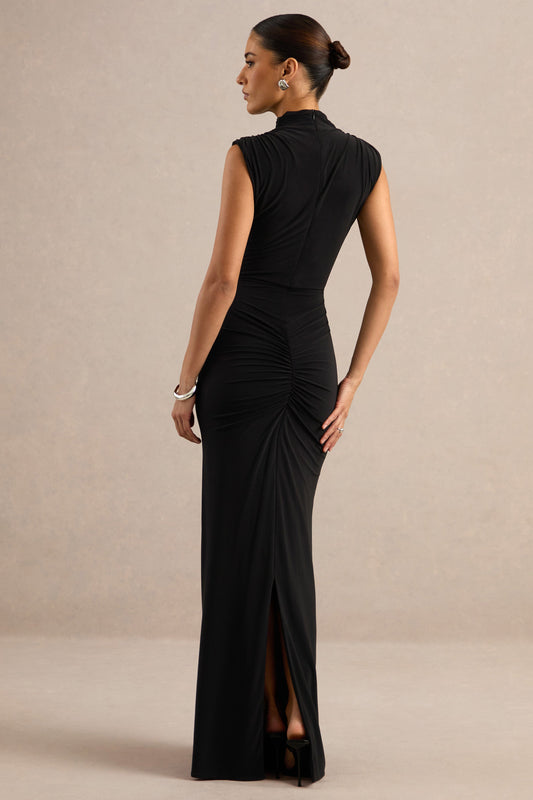 Isona | Vestido Largo Negro Con Cuello Alto, Detalle Fruncido Y Fajín