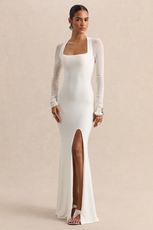 Fleurisia | Blanco Escote Cuadrado Vestido Largo con Mangas Largas de Malla