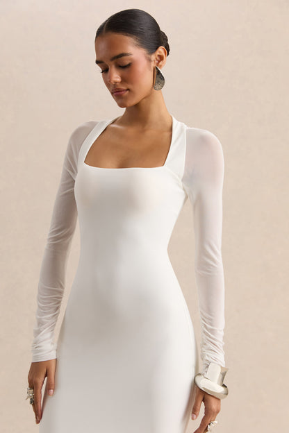 Fleurisia | Blanco Escote Cuadrado Vestido Largo con Mangas Largas de Malla