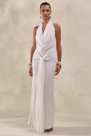 Rosetide | Vestido Largo Blanco De Cuello Cowl Con Detalle Fruncido Y Faja