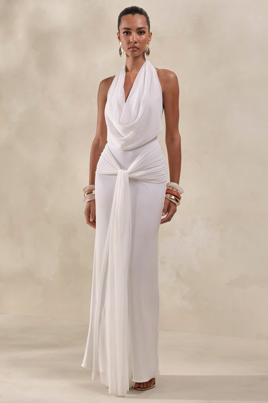 Rosetide | Vestido Largo Blanco De Cuello Cowl Con Detalle Fruncido Y Faja