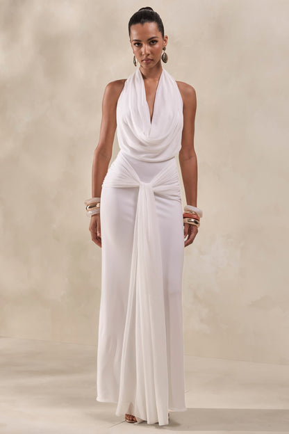 Rosetide | Vestido Largo Blanco De Cuello Cowl Con Detalle Fruncido Y Faja